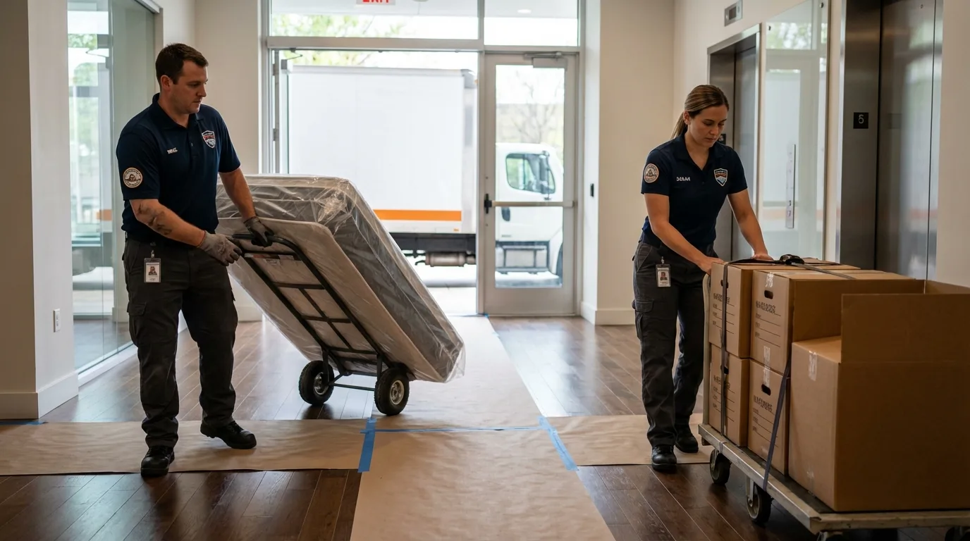 Professional apartment movers loading elevator in Sabana Hoyos, PR