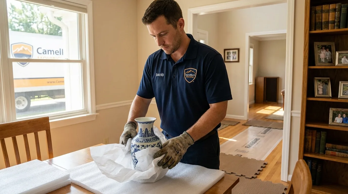 Professional crew carefully wrapping antique vase for senior downsizing move in Sabana Hoyos, PR
