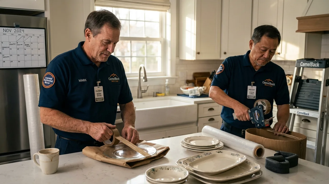Professional crew packing kitchen dishware in Sabana Hoyos, PR